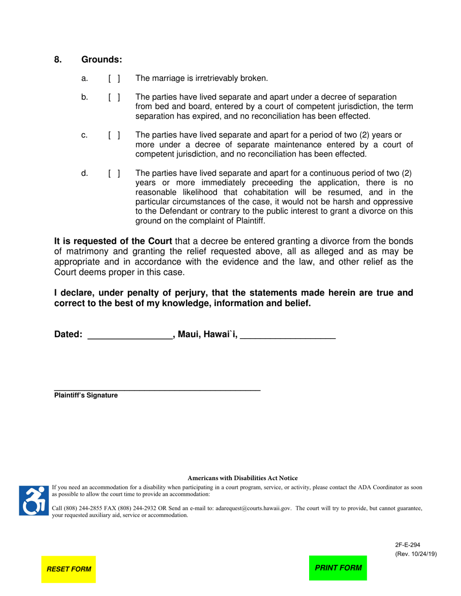 Form 2F-E-294 Complaint for Divorce - Hawaii, Page 3