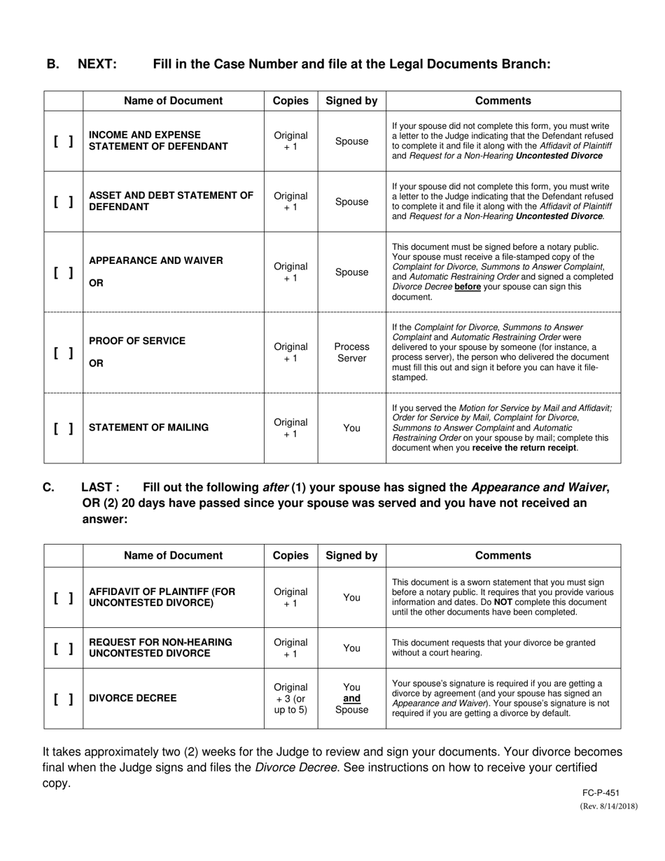 Form FC-P-451 Uncontested Divorce (Without Children) Document List - Hawaii, Page 2