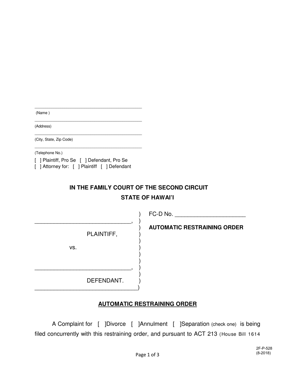 Form 2F-P-528 Automatic Restraining Order - Hawaii, Page 1