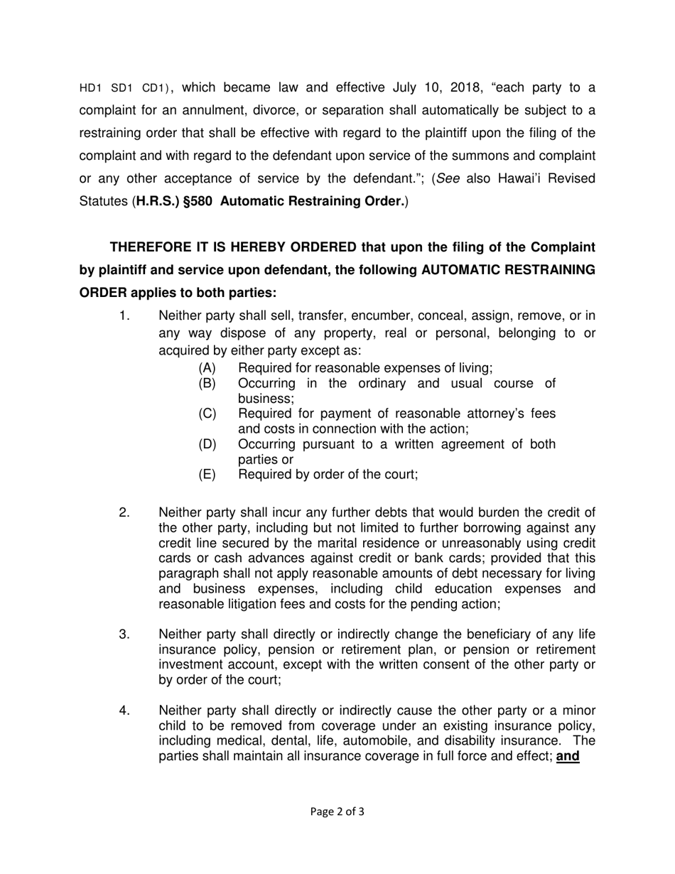 Form 2F-P-528 Automatic Restraining Order - Hawaii, Page 2