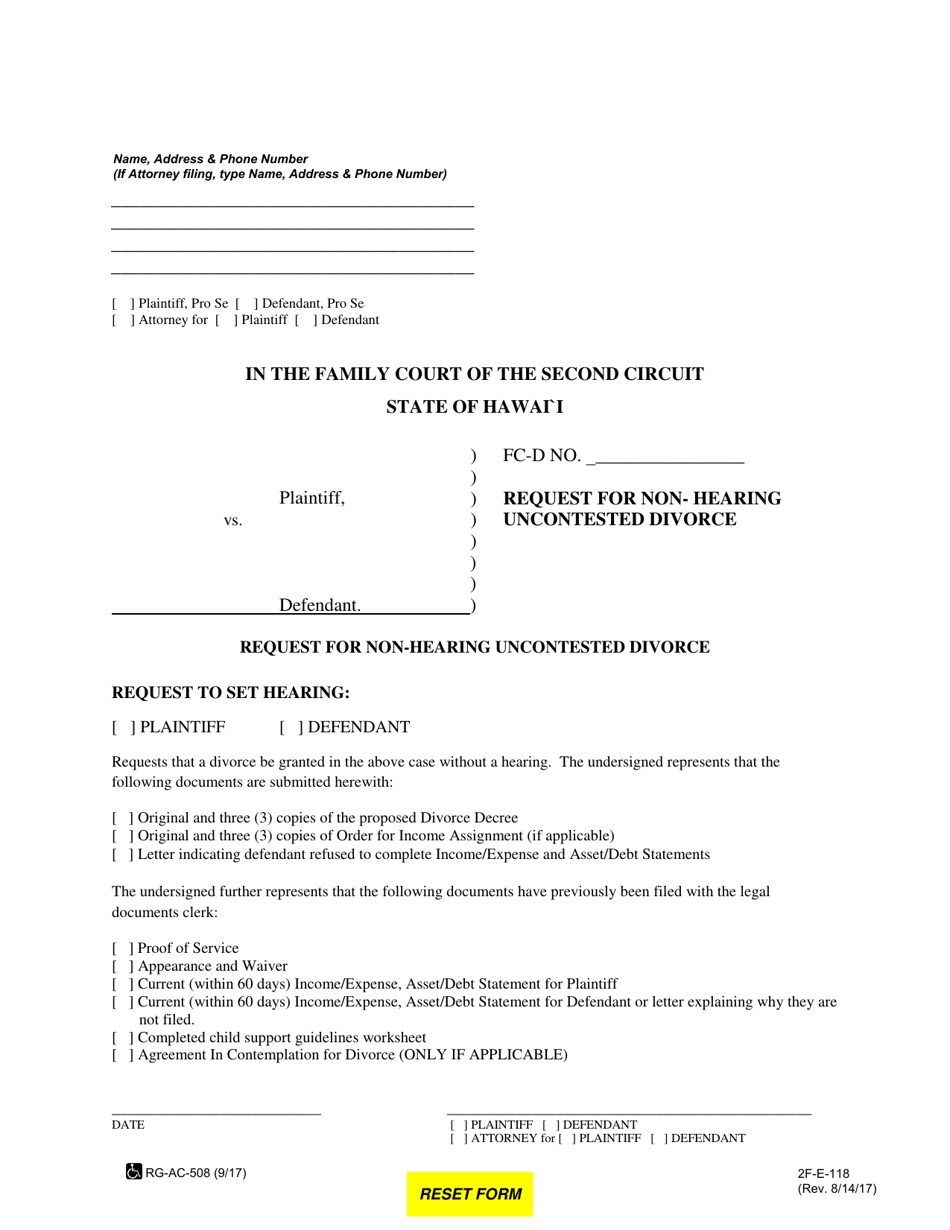 Form 2F-E-118 Request for Non-hearing Uncontested Divorce - Hawaii, Page 1
