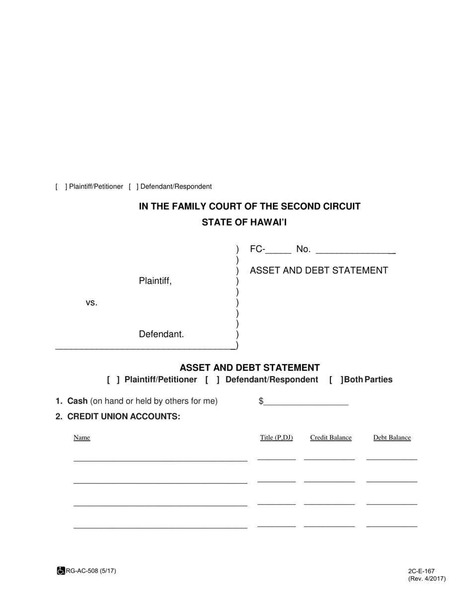 Form 2C-E-167 Asset and Debt Statement - Hawaii, Page 1