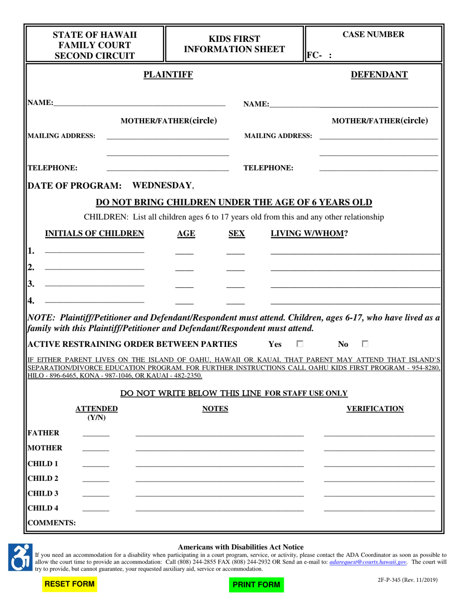 Form 2F-P-345 Kids First Information Sheet - Hawaii, Page 1