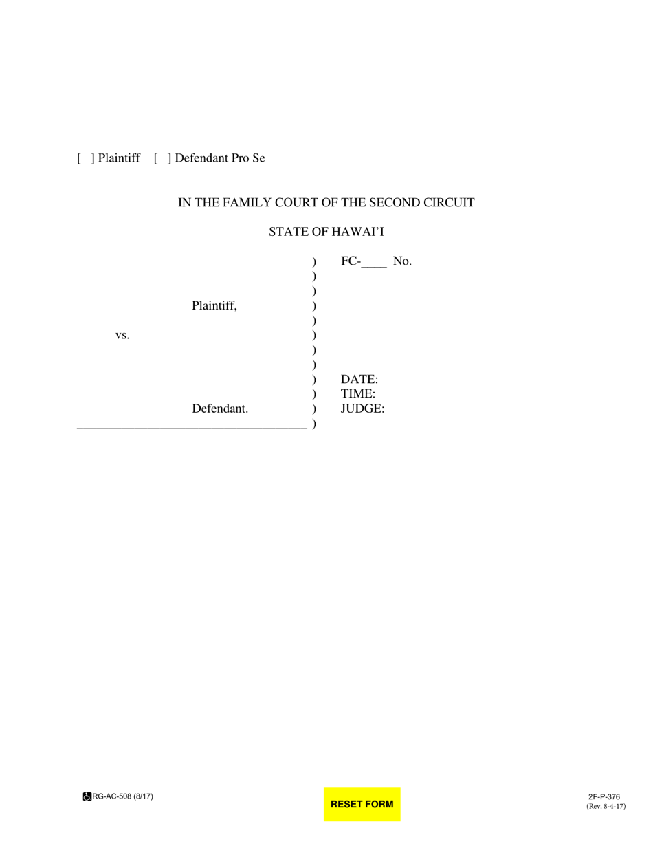 Form 2F-P-376 Blank Caption Form - Hawaii, Page 1