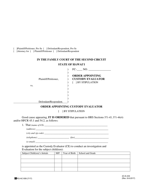 Form 2C-E-234 Order Appointing Custody Evaluator - Hawaii
