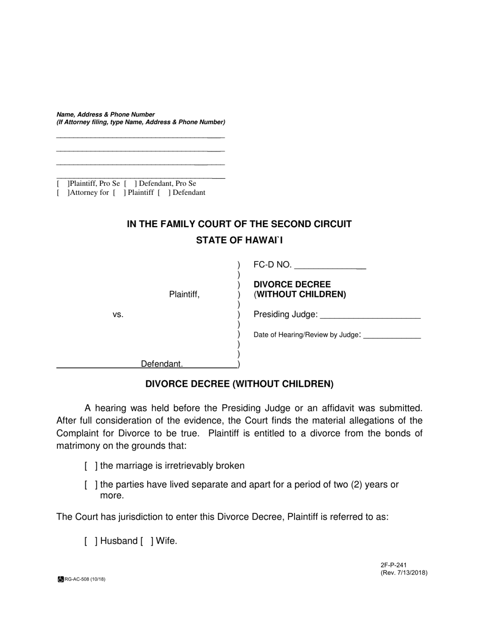 Form 2F-P-241 Divorce Decree (Without Children) - Hawaii, Page 1
