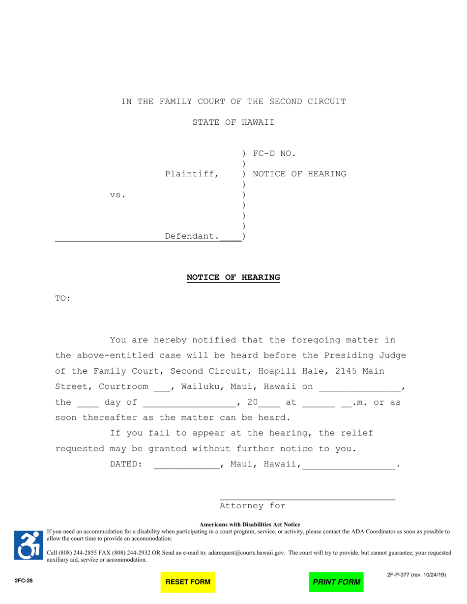 Form 2F-P-377 Notice of Hearing - Hawaii, Page 1