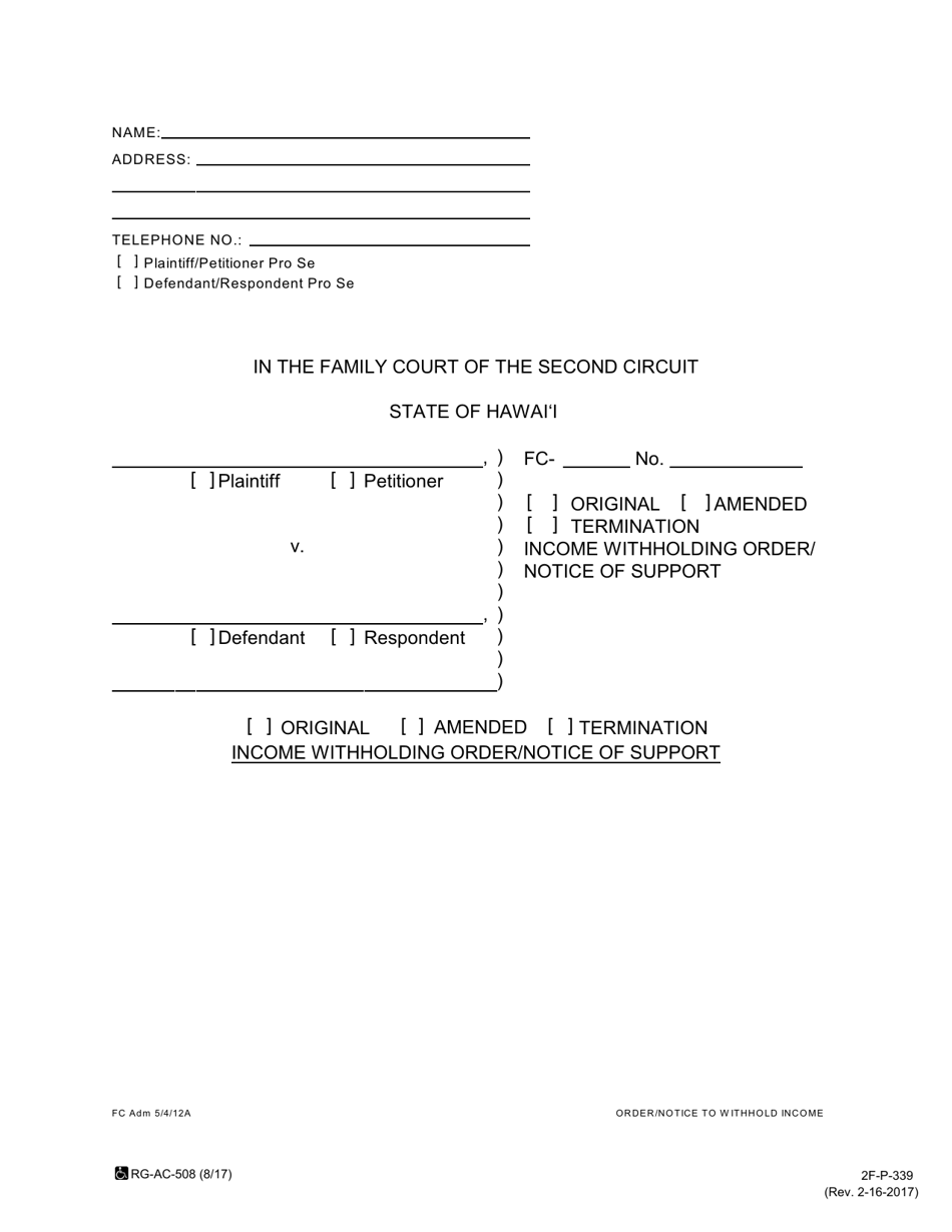 Form 2F-P-339 Income Withholding Order / Notice for Support - Hawaii, Page 1