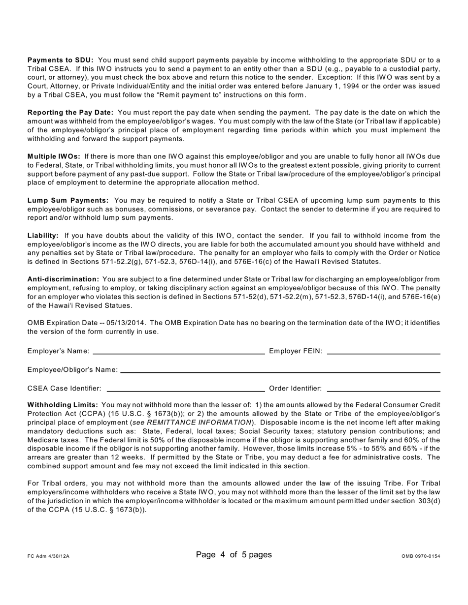 Form 2F-P-339 Income Withholding Order / Notice for Support - Hawaii, Page 4