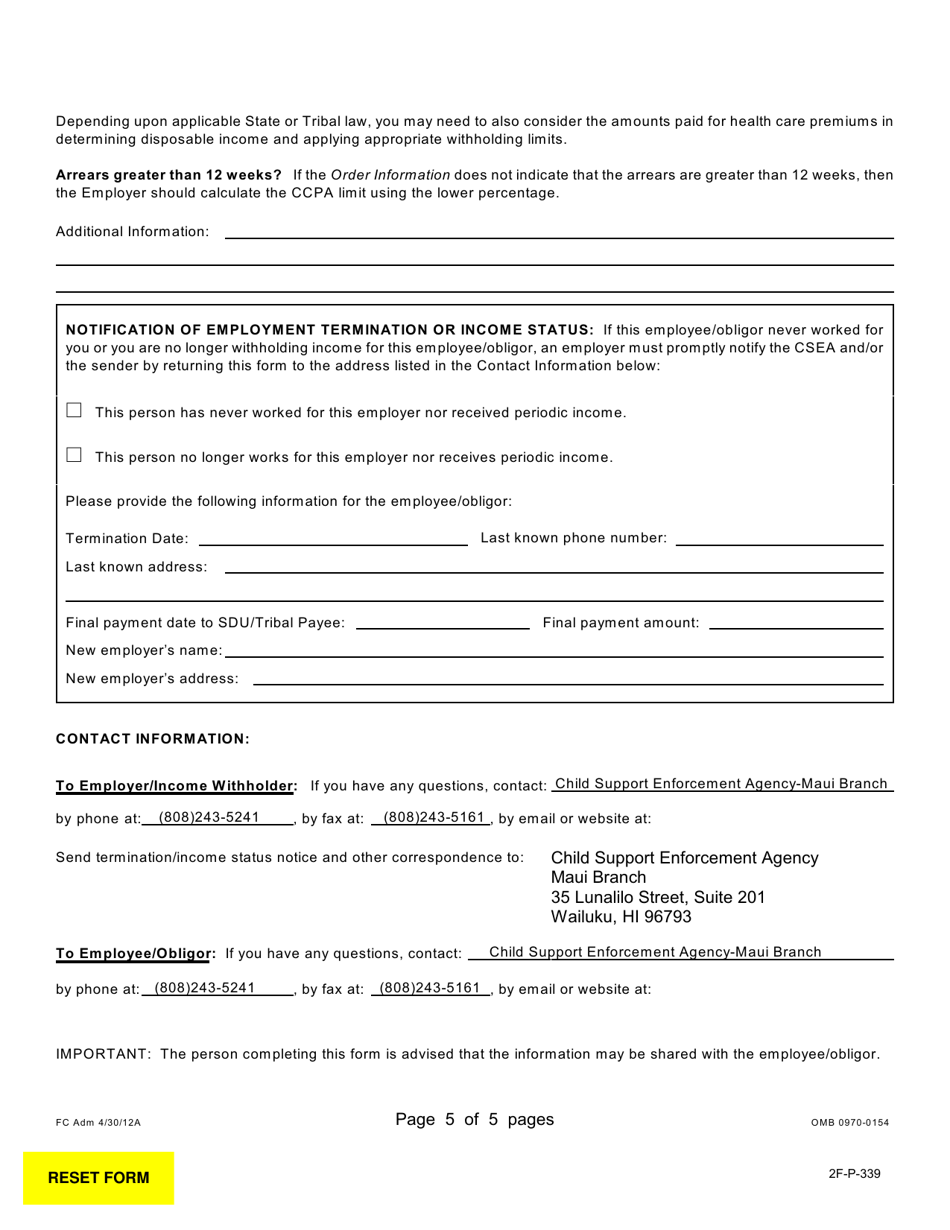 Form 2F-P-339 Income Withholding Order / Notice for Support - Hawaii, Page 5