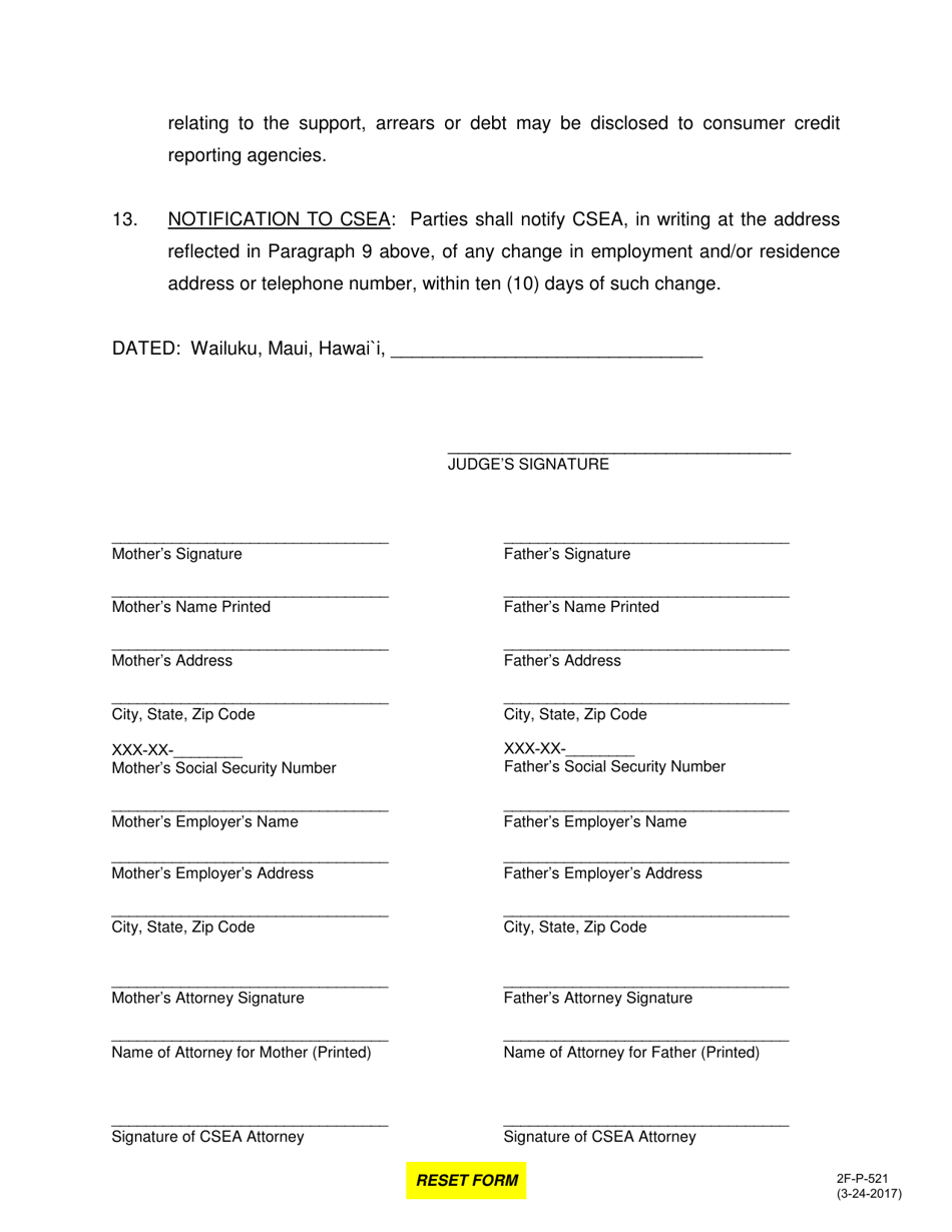 Form 2F-P-521 Order Regarding Child Support - Hawaii, Page 5