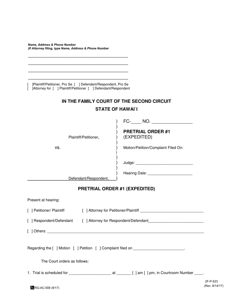 Form 2F-P-523 Pre-trial Order #1 (Expedited) - Hawaii, Page 1