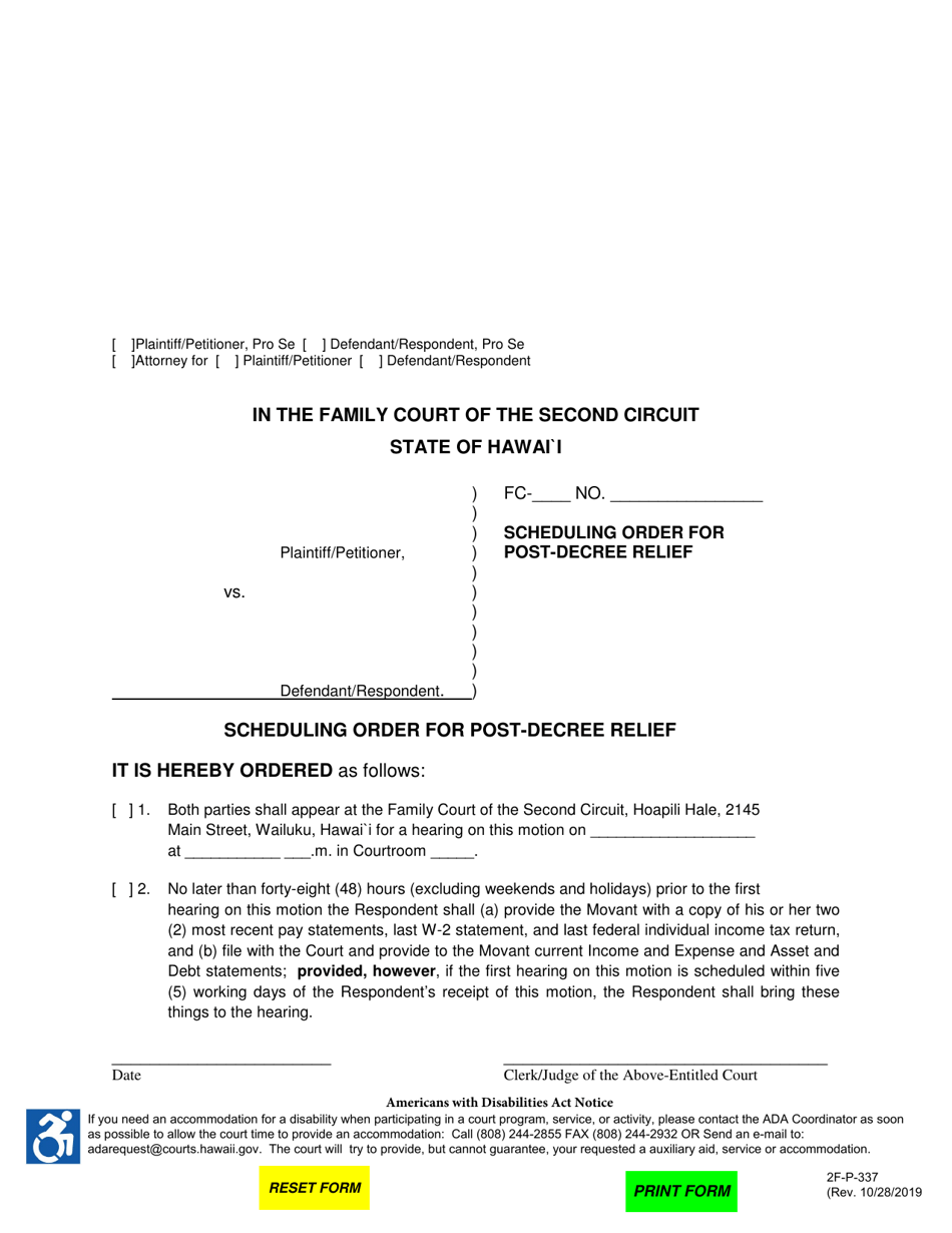 Form 2F-P-337 Scheduling Order for Post-decree Relief - Hawaii, Page 1