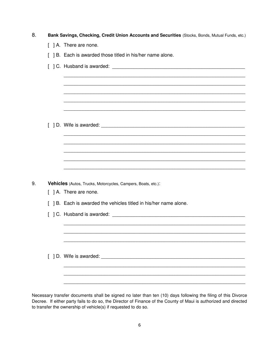 Form 2F-E-067 Decree Granting Divorce and Awarding Child Custody - Hawaii, Page 6
