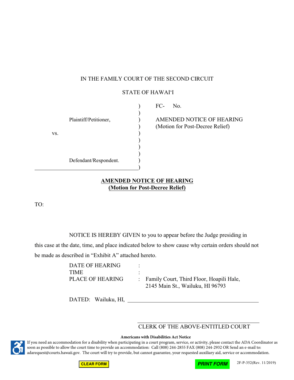 Form 2F-P-352 Amended Notice of Hearing (Motion for Post-decree Relief) - Hawaii, Page 1