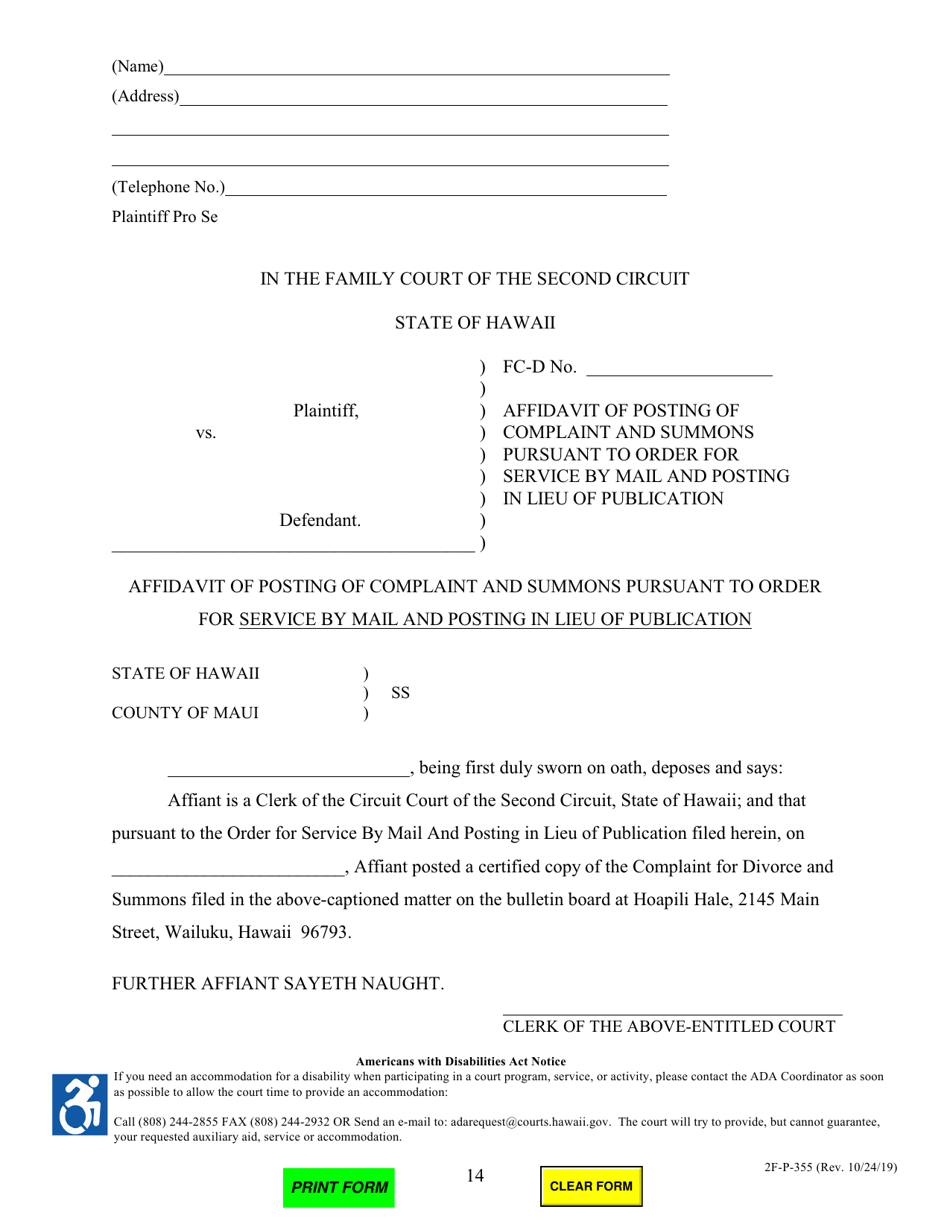 Form 2F-P-355 Ex Parte Motion for Service by Mail and Posting in Lieu of Publication; Affidavit of Plaintiff; Exhibit a / Exhibit b; Order Granting / Denying Ex Parte Motion for Service by Mail and Posting in Lieu of Publication - Hawaii, Page 14