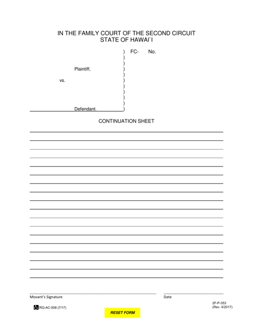 Form 2F-P-353 Continuation Sheet - Hawaii