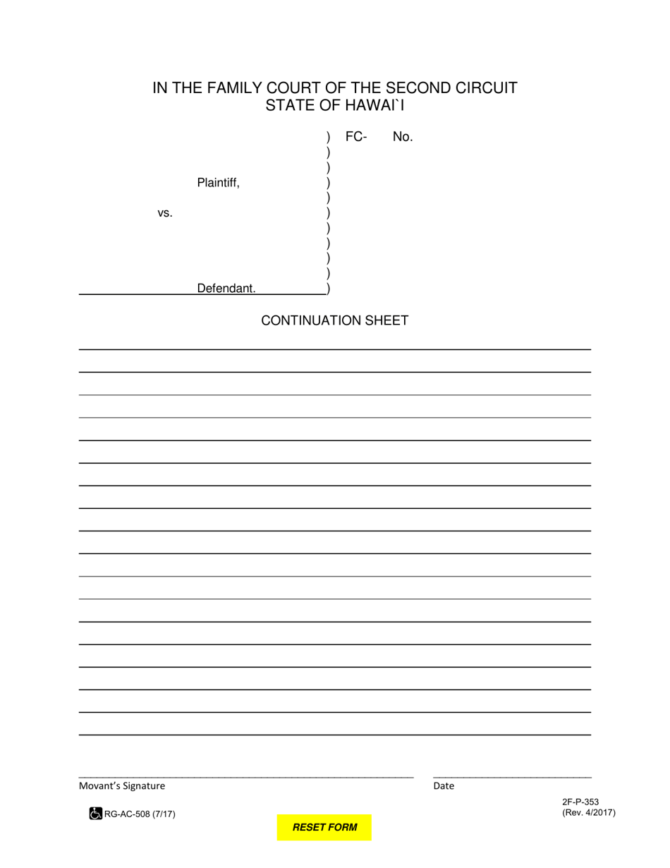 Form 2F-P-353 Continuation Sheet - Hawaii, Page 1