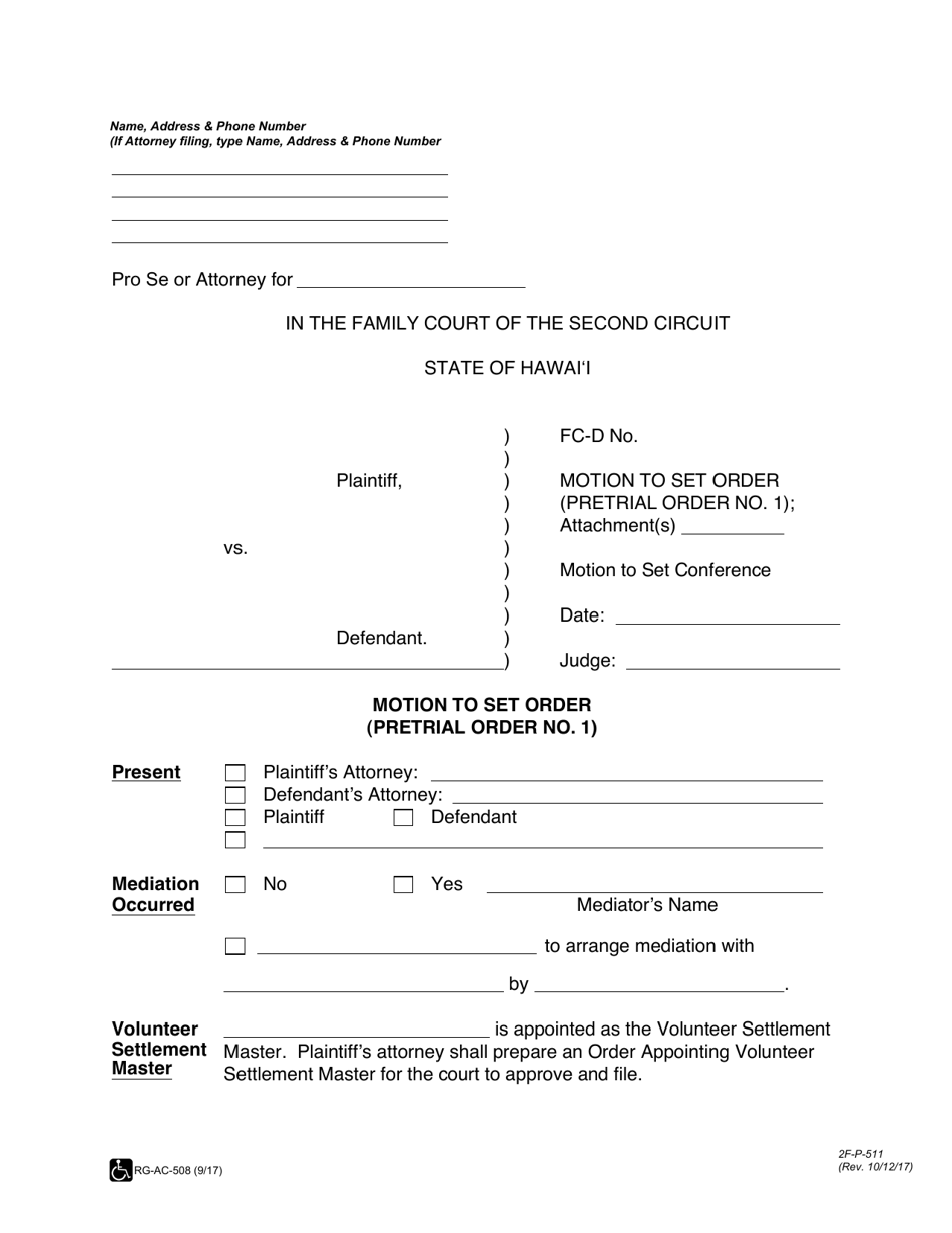 Form 2F-P-511 Motion to Set Order (Pre-trial Order 1) - Hawaii, Page 1