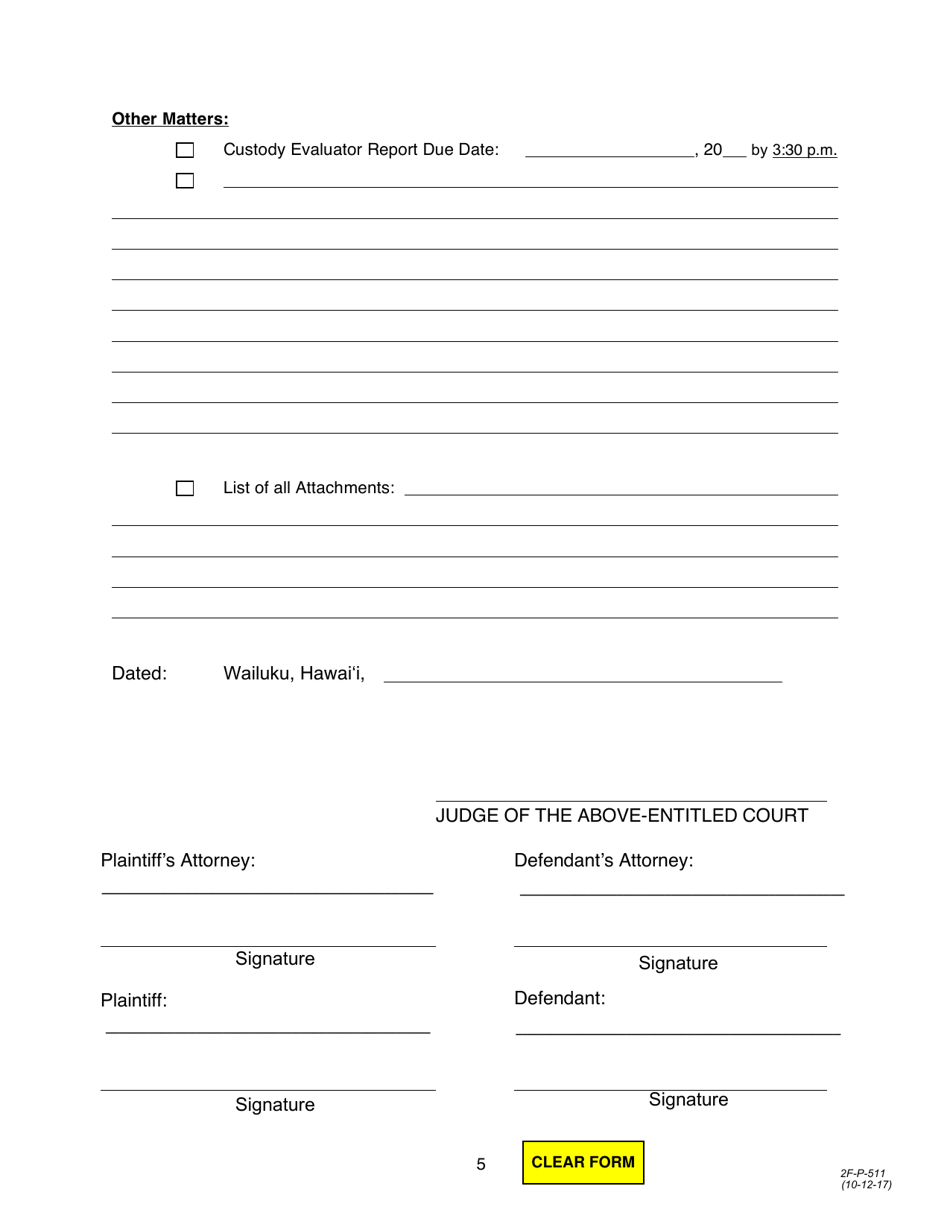 Form 2F-P-511 Motion to Set Order (Pre-trial Order 1) - Hawaii, Page 5