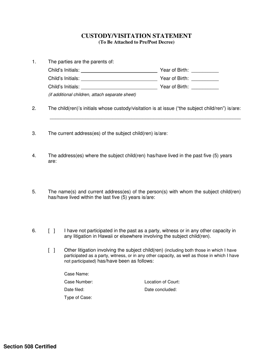 Form 2F-P-338 Custody / Visitation Statement - Hawaii, Page 1