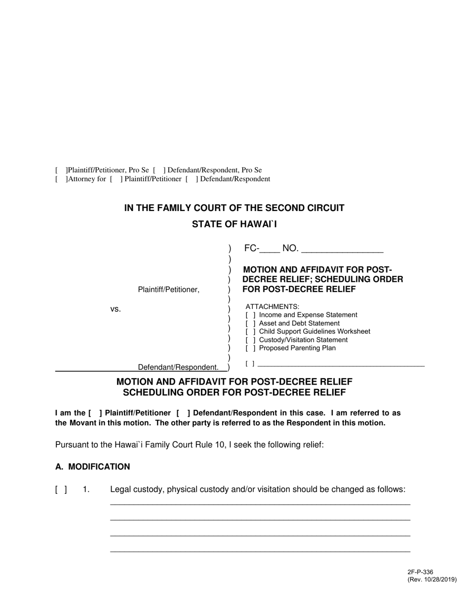 Form 2F-P-336 Motion and Affidavit for Post-decree Relief; Scheduling Order for Post-decree Relief - Hawaii, Page 1