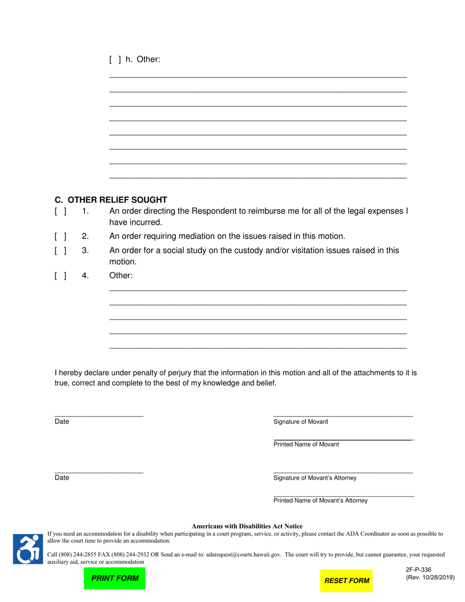 Form 2F-P-336 Motion and Affidavit for Post-decree Relief; Scheduling Order for Post-decree Relief - Hawaii, Page 4