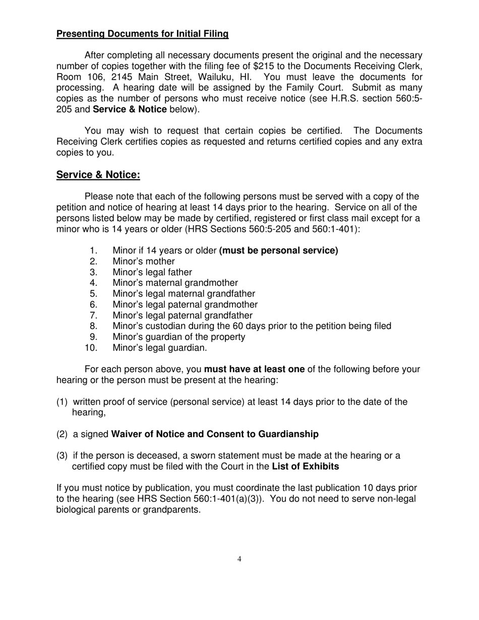 Instructions for Form 2F-P-385 Guardianship of Minor Person Petition Packet - Hawaii, Page 4