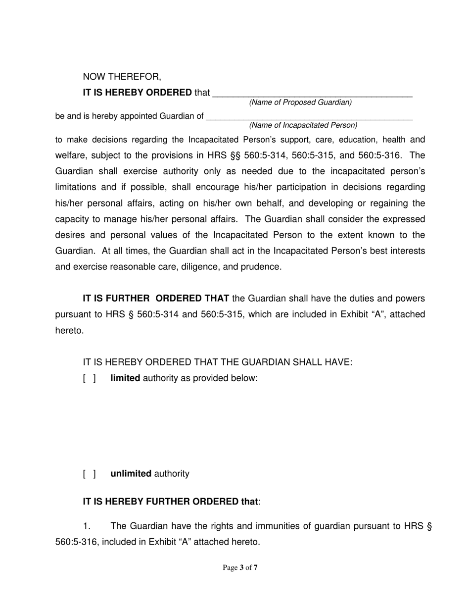 Form 2F-P-518 Order Appointing Guardian With Limited / Unlimited Authority; Exhibit a - Hawaii, Page 3