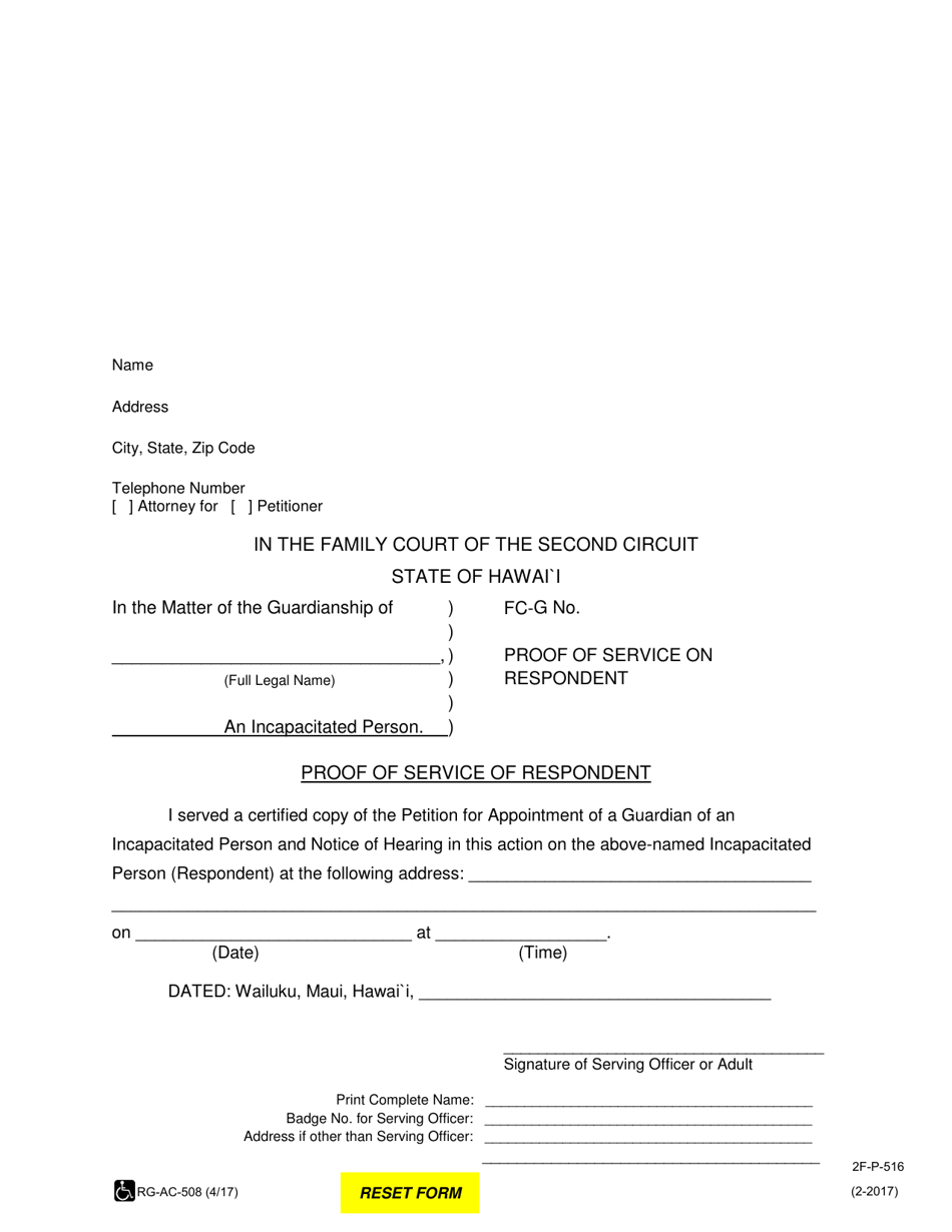 Form 2F-P-516 Proof of Service on Respondent - Hawaii, Page 1