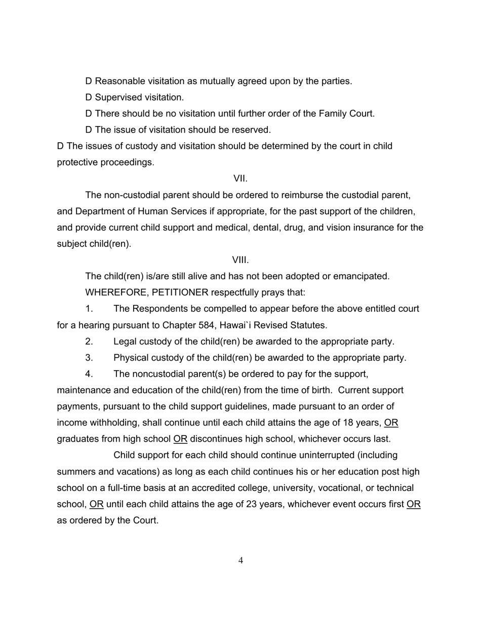 Form 2F-P-454 Petition for Custody, Visitation, Support Orders After Voluntary Establishment of Paternity - Hawaii, Page 4