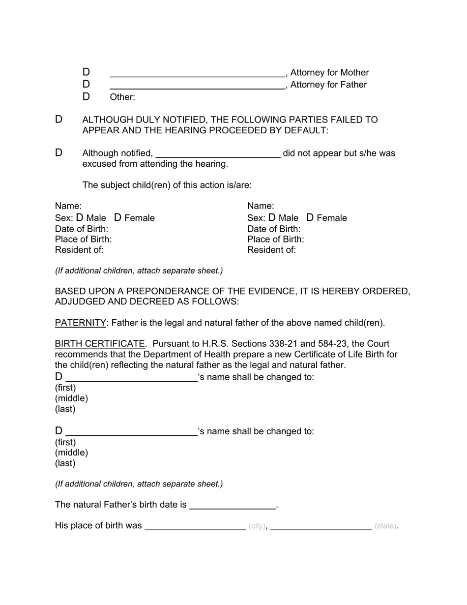 Form 2F-P-458 Order Re: Custody, Visitation, Support After Voluntary Establishment of Paternity - Hawaii, Page 2