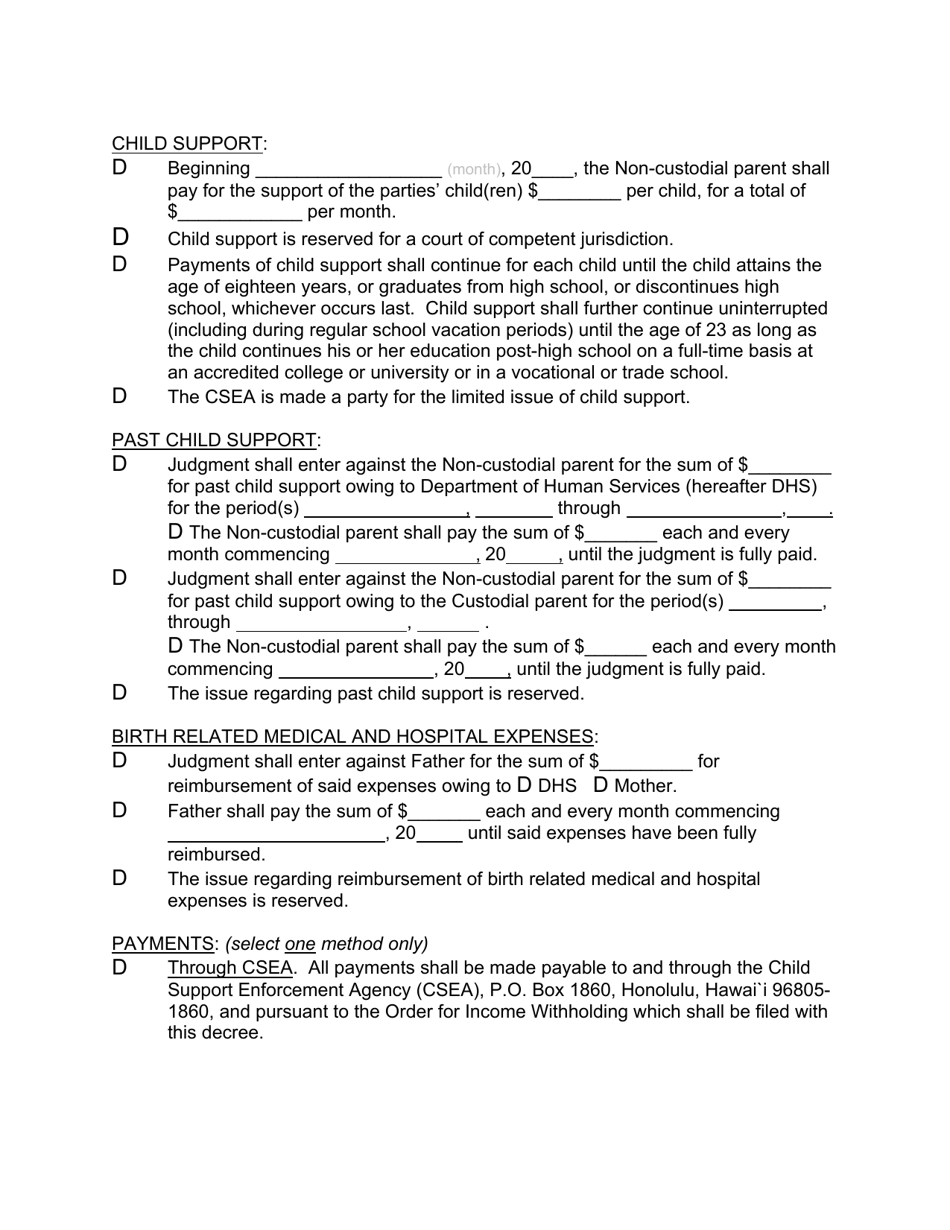 Form 2F-P-458 Order Re: Custody, Visitation, Support After Voluntary Establishment of Paternity - Hawaii, Page 4