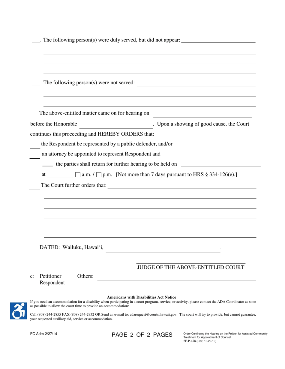 Form 2F-P-478 Order Continuing the Hearing on the Petition for Assisted Community Treatment for Appointment of Counsel - Hawaii, Page 2