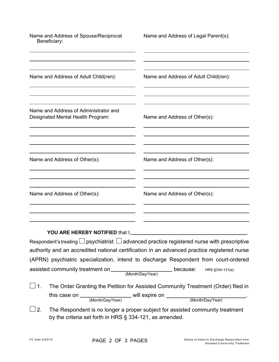 Form 2F-P-483 Notice of Intent to Discharge Respondent From Assisted Community Treatment - Hawaii, Page 2