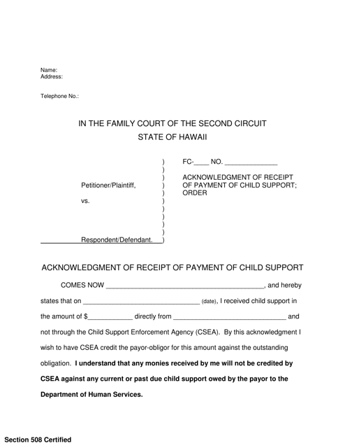 Form 2F-P-503 Acknowledgement of Receipt of Payment of Child Support; Order - Hawaii