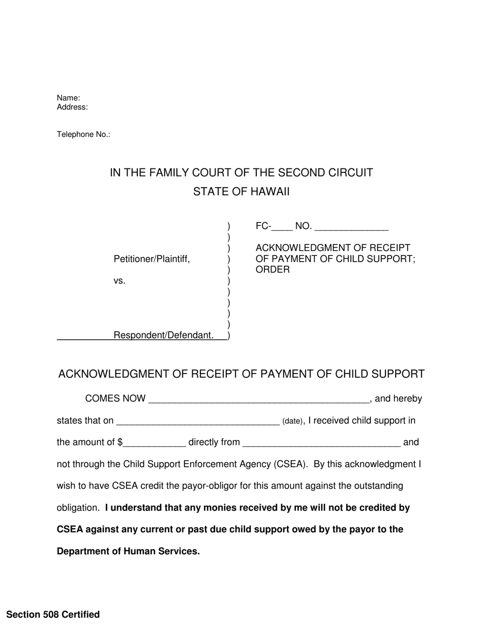 Form 2F-P-503 Acknowledgement of Receipt of Payment of Child Support; Order - Hawaii, Page 1