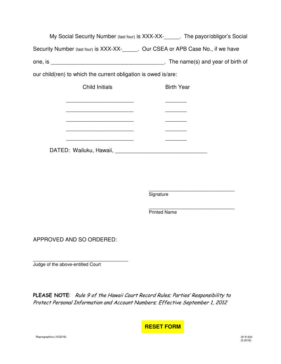 Form 2F-P-503 Acknowledgement of Receipt of Payment of Child Support; Order - Hawaii, Page 2