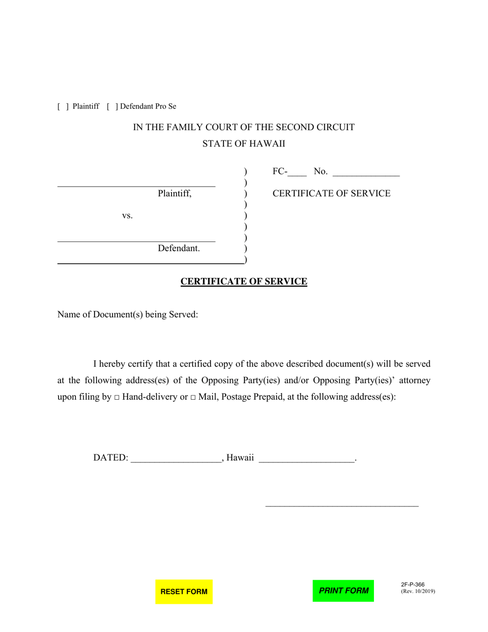 Form 2F-P-366 Certificate of Service - Hawaii, Page 1