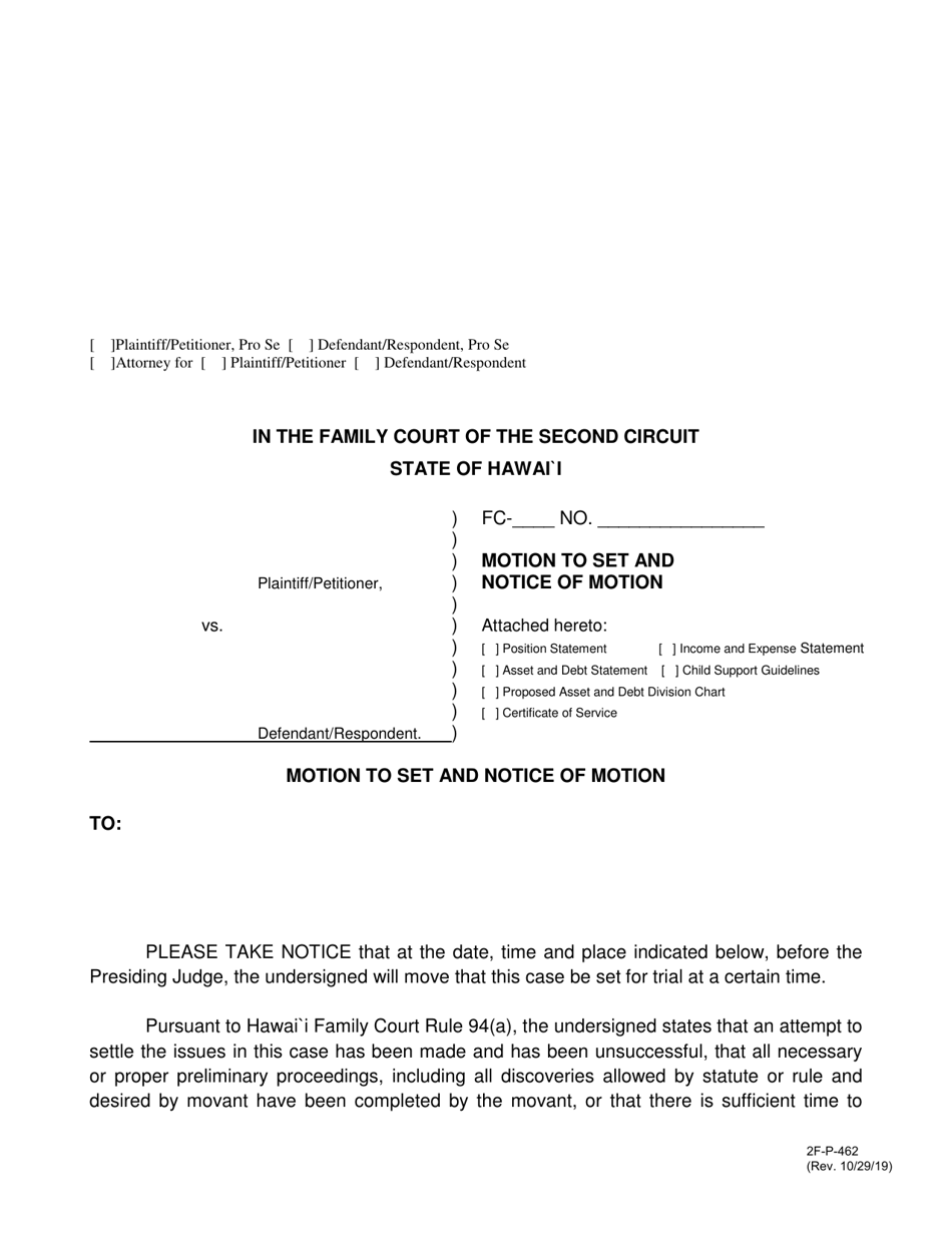 Form 2F-P-462 Motion to Set and Notice of Motion - Hawaii, Page 1