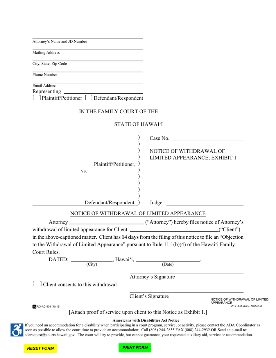 Form 2F-P-535 Exhibit 1 Notice of Withdrawal of Limited Appearance - Hawaii, Page 1
