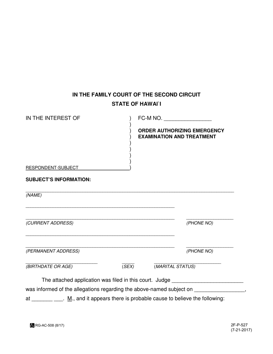 Form 2F-P-527 Order Authorizing Emergency Examination and Treatment - Hawaii, Page 1
