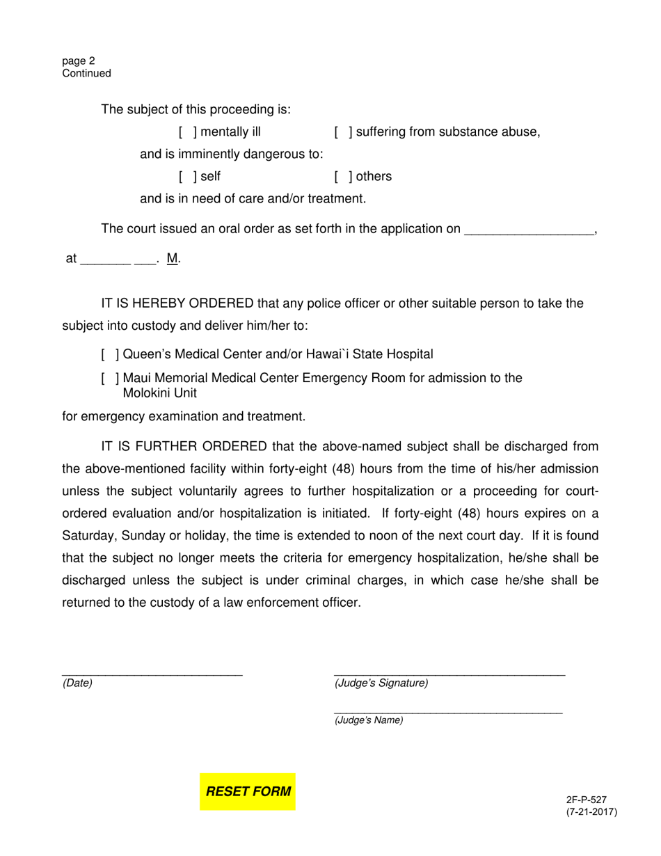 Form 2F-P-527 Order Authorizing Emergency Examination and Treatment - Hawaii, Page 2