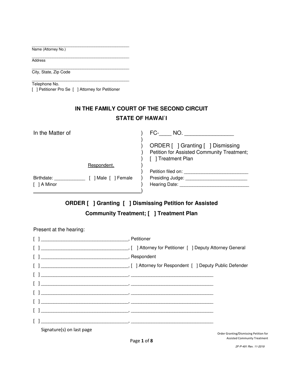 Form 2F-P-491 Order Granting / Dismissing Petition for Assisted Community Treatment; Treatment Plan - Hawaii, Page 1