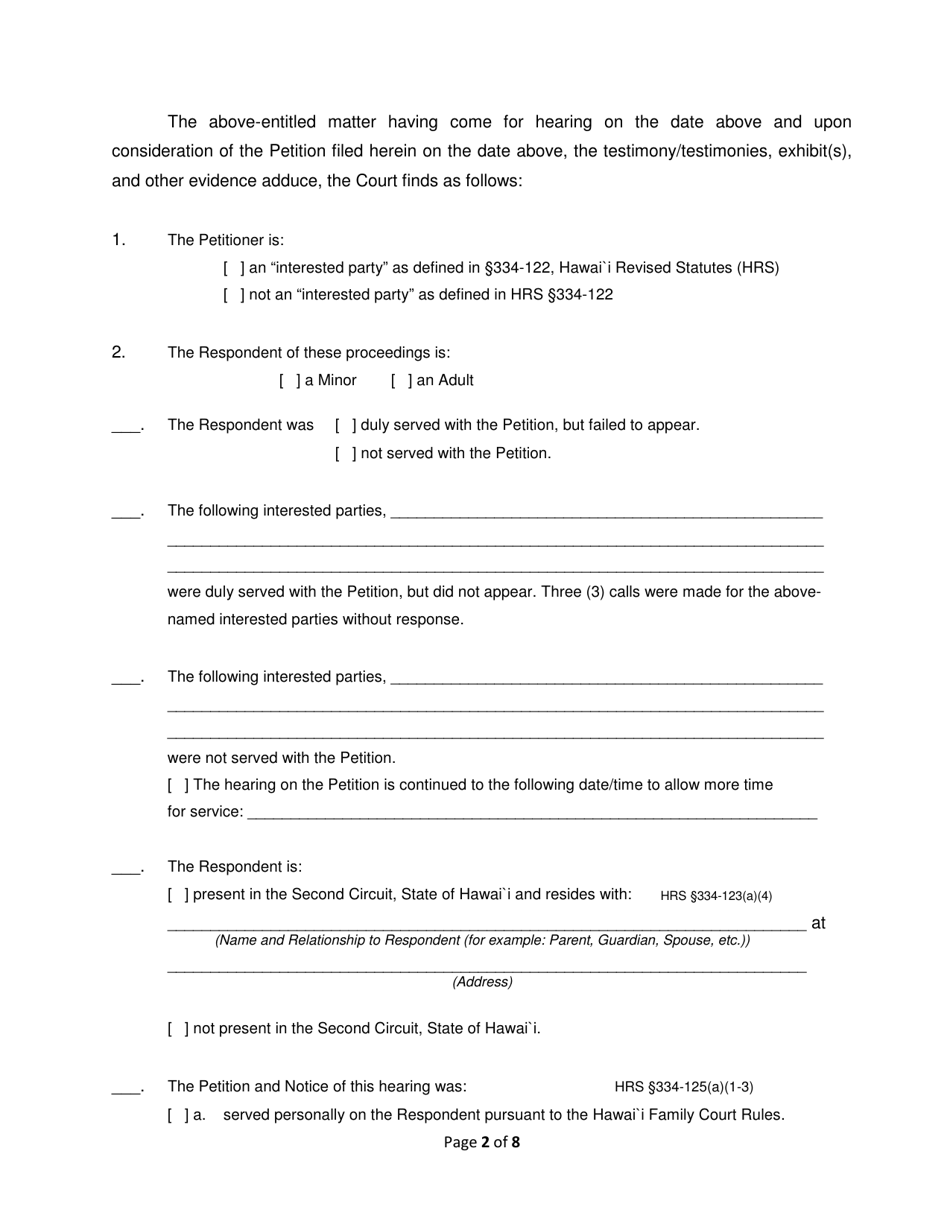 Form 2F-P-491 Order Granting / Dismissing Petition for Assisted Community Treatment; Treatment Plan - Hawaii, Page 2
