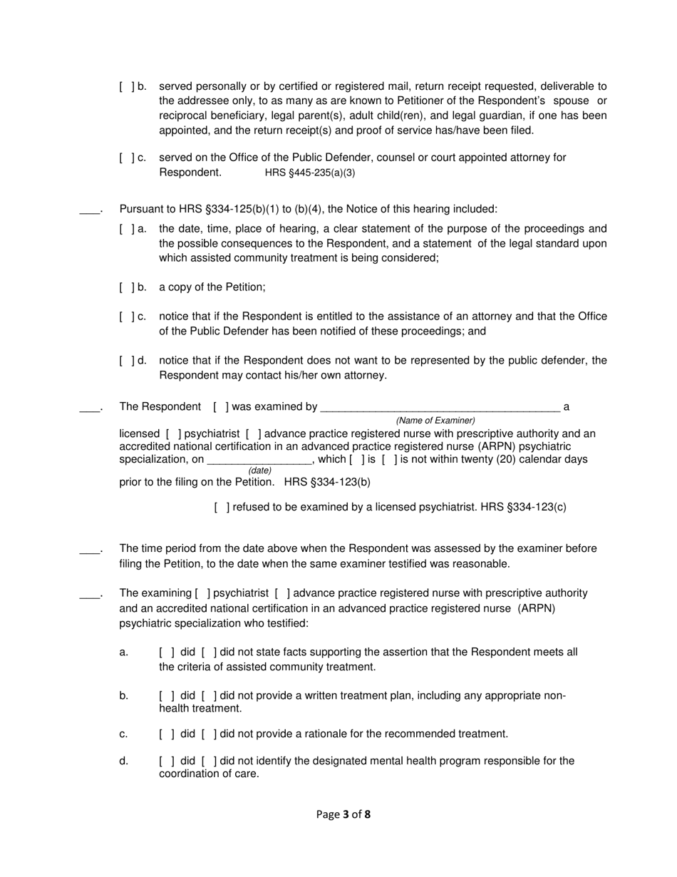 Form 2F-P-491 Order Granting / Dismissing Petition for Assisted Community Treatment; Treatment Plan - Hawaii, Page 3