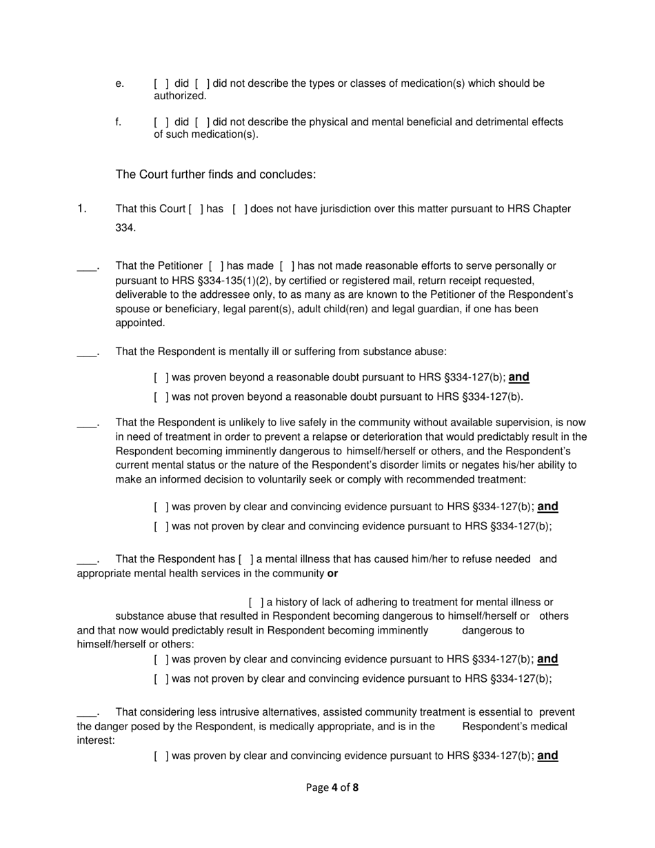 Form 2F-P-491 Order Granting / Dismissing Petition for Assisted Community Treatment; Treatment Plan - Hawaii, Page 4
