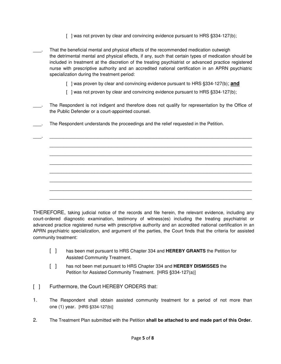 Form 2F-P-491 Order Granting / Dismissing Petition for Assisted Community Treatment; Treatment Plan - Hawaii, Page 5