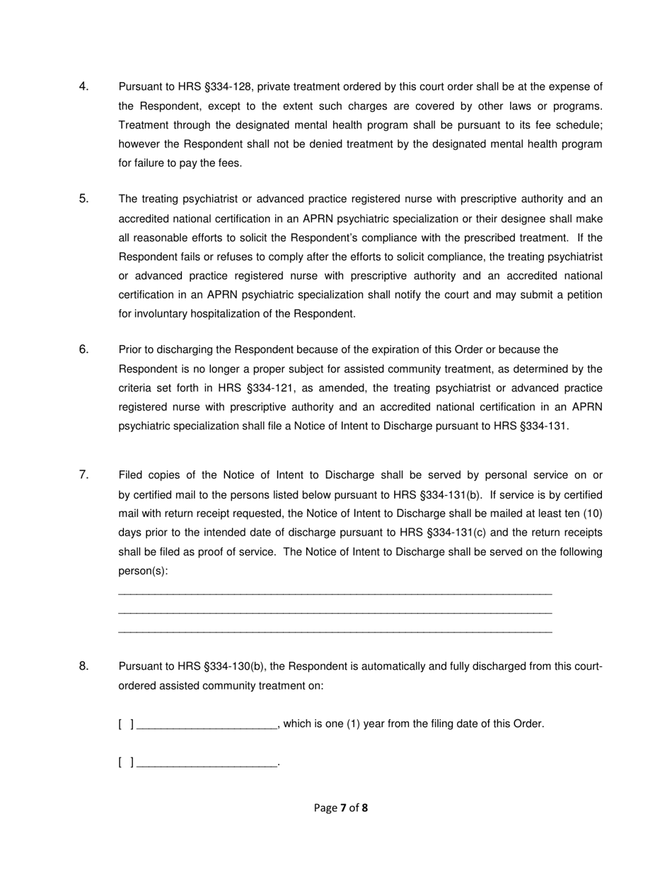 Form 2F-P-491 Order Granting / Dismissing Petition for Assisted Community Treatment; Treatment Plan - Hawaii, Page 7