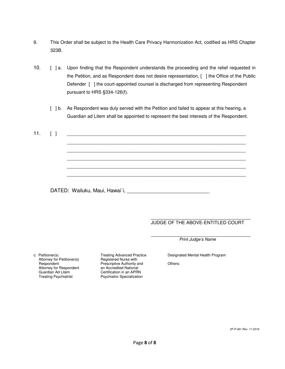 Form 2F-P-491 Order Granting / Dismissing Petition for Assisted Community Treatment; Treatment Plan - Hawaii, Page 8